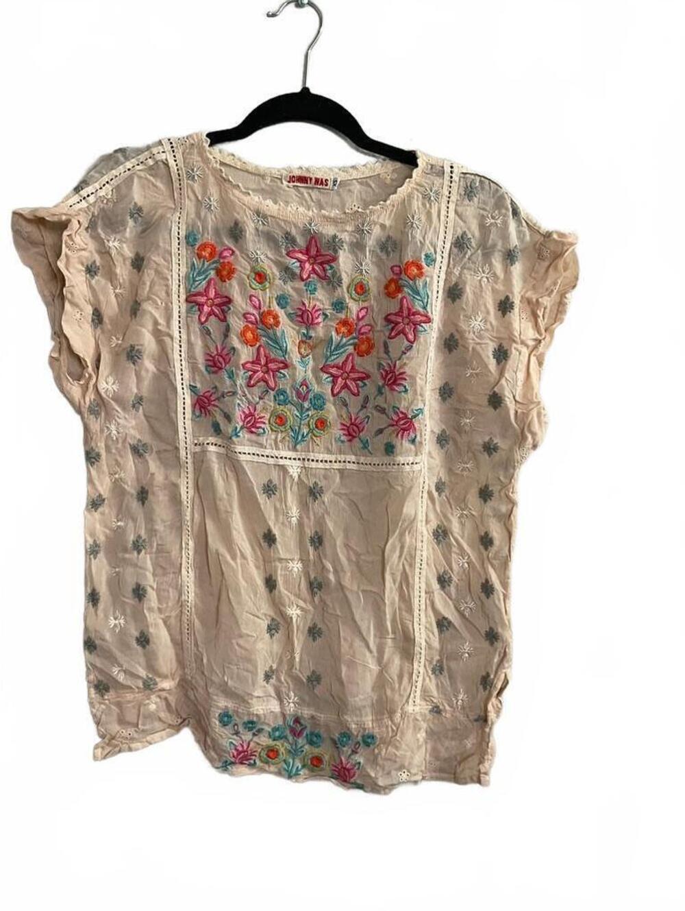 Johnny Was Austina Embroidered Blouse in a sheer peach/cream colorway size XS